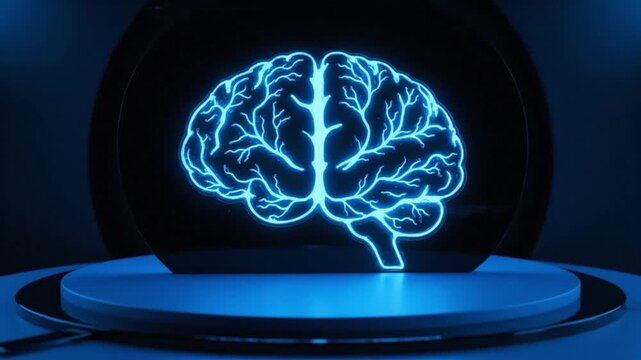 A blue glowing brain on a futuristic platform