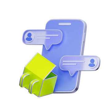 3D illustration of delivery backpack with smartphone and chat bubbles for courier support, delivery apps, communication, driver messaging systems, service helpdesks, and logistics user interfaces.