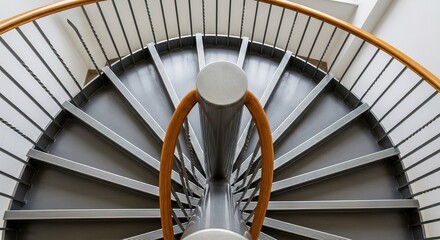 Fototapeta premium Modern spiral staircase with wooden handrail ascending in minimalist architectural interior with natural light