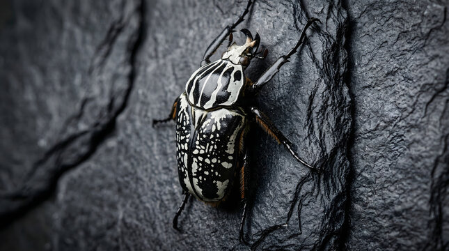 Detailed Macro Shot of a Striking Patterned Goliath Beetle on Dark Textured Rock.