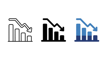 A set of three minimalist financial chart icons showing downward trends