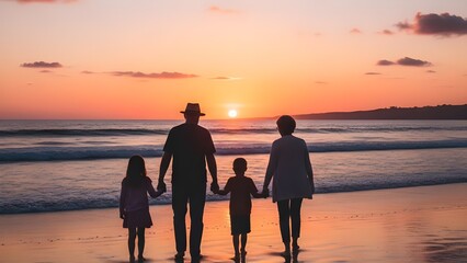 붉게 물든 해변의 낙조를 배경으로 파도 소리를 들으며 손을 맞잡고 서 있는 가족의 평화롭고 상징적인 실루엣 / A peaceful and symbolic silhouette of a family standing hand in hand listening to the waves against the backdrop of a red beach sunset해변, 
