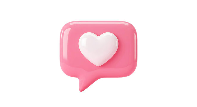 3D Pink Speech Bubble with White Heart Icon - Social Media Love Notification & Like Button Vector Illustration