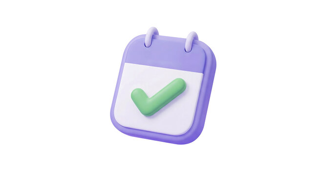 3D Purple Calendar Icon with Green Checkmark - Schedule, Task Reminder & Appointment Vector Illustration
