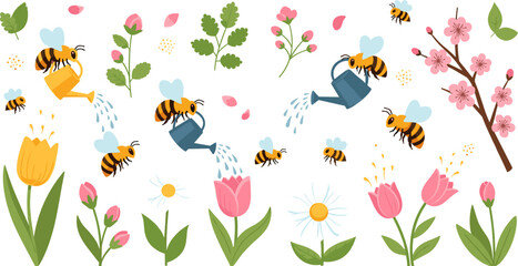 Cute Cartoon Bees Watering Spring Flowers Vector Illustration Set with Tulips, Daisies, Watering Cans, Blossoms, and Whimsical Garden Nature Elements © Abdul