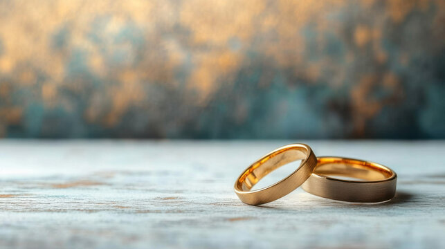 gold ring on white table on wedding backgound with copy space