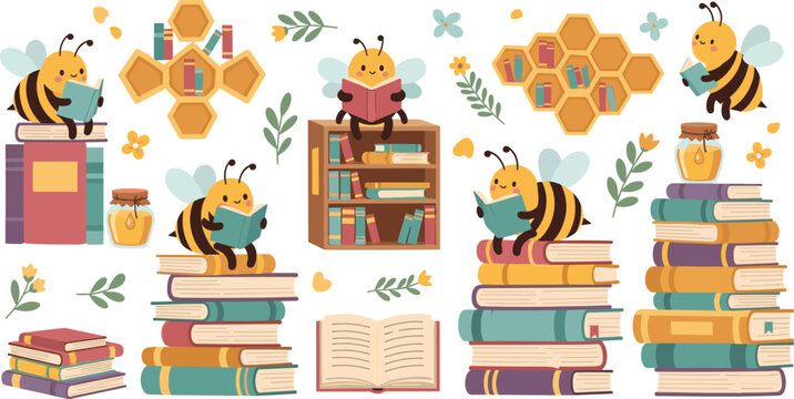 Cute Cartoon Bees Reading Books in Library Vector Illustration Set with Honeycomb Shelves, Book Stacks, Honey Jars, Flowers, and Educational Nature Elements