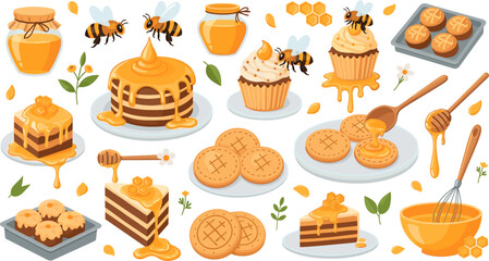 Cute Honey Dessert and Baking Vector Illustration Set with Honey Bees, Cakes, Cupcakes, Cookies, Honey Jars, Honeycomb, Kitchen Tools, and Sweet Dripping Honey © Abdul