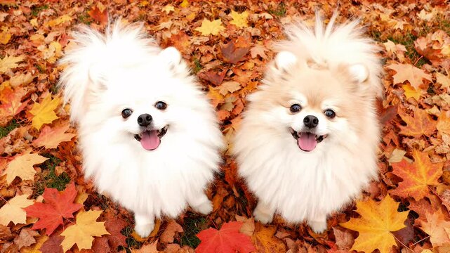 Two fluffy Pomeranian dogs sitting happily in autumn leaves, outdoor view.