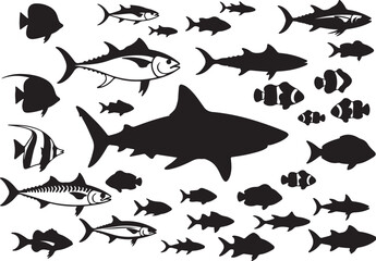 Vector Silhouette Collection of Marine Life, Great White Shark, Tropical Fish, Tuna, and Coral Reef Species