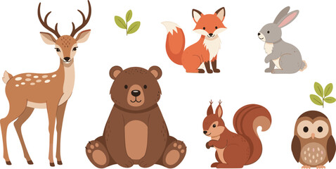 Fototapeta premium Woodland Forest Animal Collection Featuring Deer Bear Fox Rabbit Squirrel and Owl for Cute Childrens Nature Wildlife Design