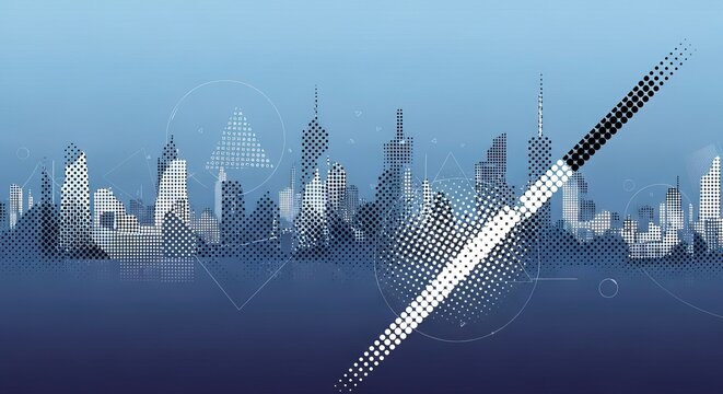 Digital arrow piercing city skyline with binary code data flow futuristic technology concept