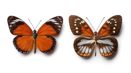 Obraz premium Two colorful butterflies with orange, black, and white wings on white background