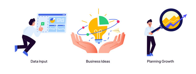Obraz premium A business concept illustration visualizing digital data input, creative brainstorming ideas, and strategic growth planning with a magnifying glass
