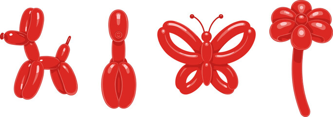Red balloon animal vector set, dog bunny butterfly flower shapes, glossy party decoration elements, inflatable toy illustration isolated collection bundle