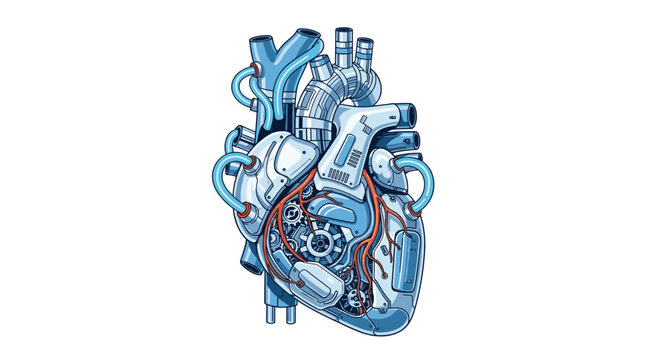A detailed bionic heart illustration, featuring intricate gears and tubing, is centrally displayed on a pristine white background.