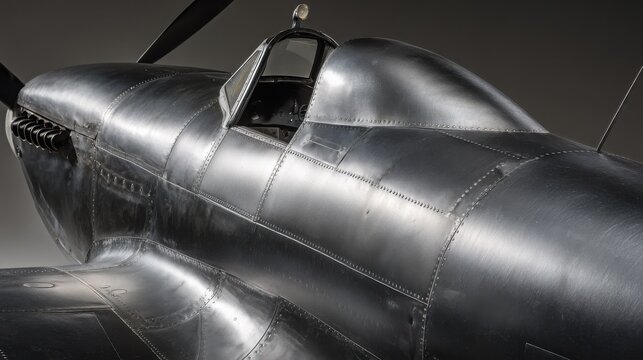 Close-up view of a polished aluminum airplane fuselage with visible panel lines and a cockpit canopy