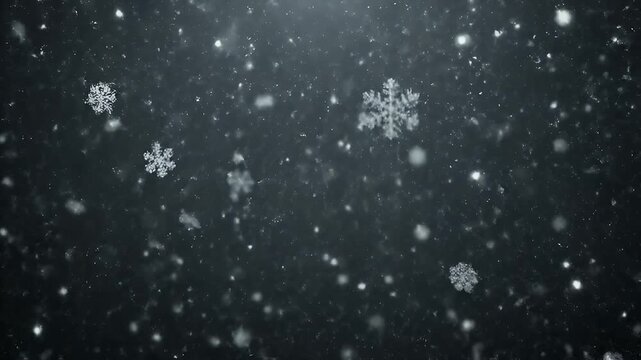 Falling snowflakes in a dark, wintery environment, close-up view.