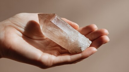 Hand Holding Transparent Quartz Crystal on Beige Background