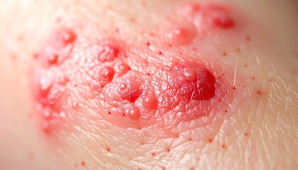 Fototapeta premium Close-up of a skin rash with red blisters, possibly shingles or herpes, showing inflammation and irritation.