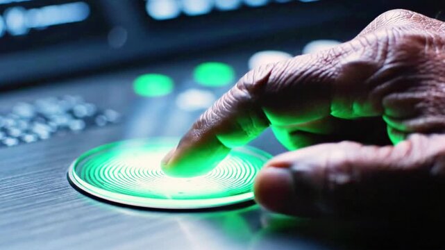 A person's finger hovers over a glowing blue fingerprint scanner on a dark surface