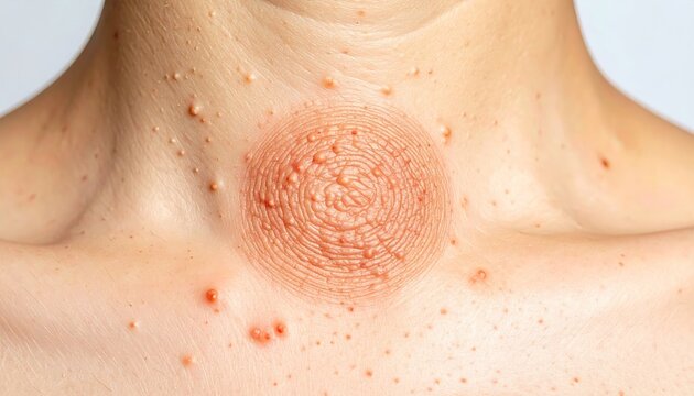 Close-up of a persons neck and chest with a highlighted red, irritated skin rash and small skin tags, indicating a dermatological condition.