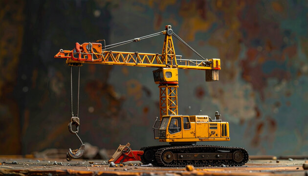 Yellow construction crane on tracks against rusty background