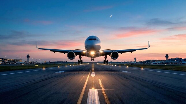 Cinematic Commercial Airplane on Airport Runway at Sunset with Dramatic Sky &ndash; Aviation Travel
