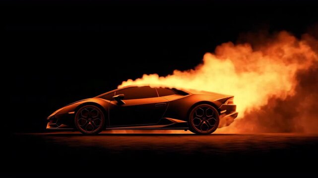夜闇の中で車が炎を纏い疾走する姿