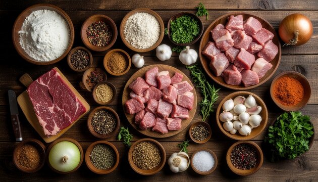 Rustic flat lay composition of fresh cooking ingredients. Raw beef or lamb chunks, whole spices, herbs, and alliums arranged in wooden bowls on a dark wood background.