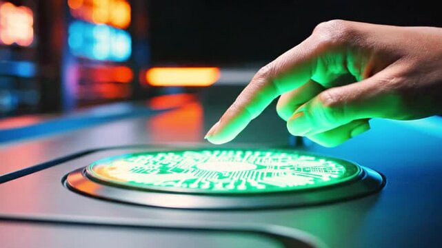 A person's index finger is about to press a glowing blue button on a futuristic control panel