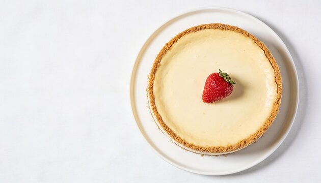 Top-down view of a classic New York style cheesecake with a graham cracker crust and a single fresh strawberry garnish, isolated on a white plate and background.
