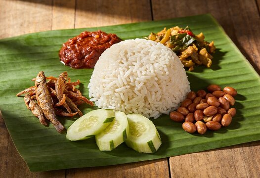 Malaysian nasi lemak with coconut rice on a banana leaf