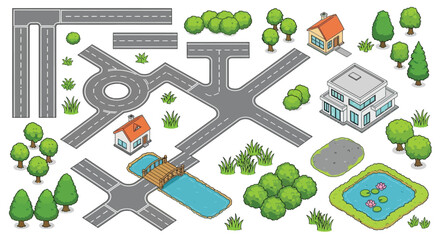 Isometric city elements including roads houses water and vegetation © UrbanVisuals