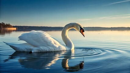 Obraz premium Majestic White Swan Floating Gracefully on Calm Lake at Sunrise, Serene Nature Beauty