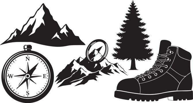Hiking Adventure Silhouette Icons with Compass and Mountains
