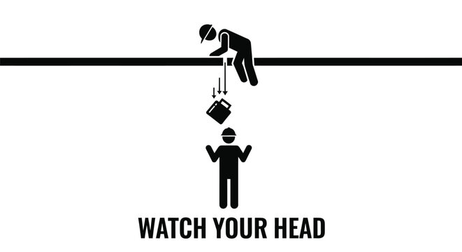 A stick figure is lowered from a line warning of falling objects