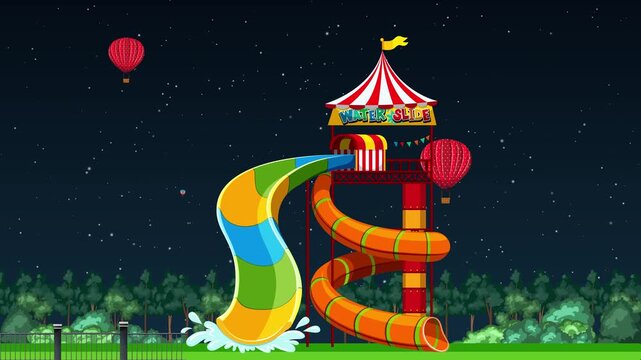 Nighttime Water Park Slide with Fireworks and Hot Air Balloons
