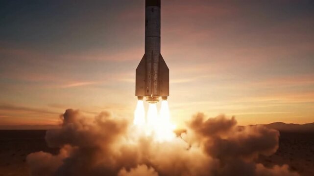 Powerful Rocket Launching into Space with Fiery Exhaust Against a Dramatic Sunset Sky, Symbolizing Ambition and Progress