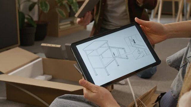Medium close-up of hands of anonymous woman holding digital tablet with detailed instruction sequence for assembling cabinet or locker, man taking out and examining fiberboard panels in background