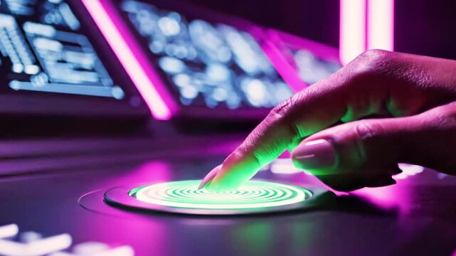 A person's hand hovers over a glowing pink button on a futuristic control panel