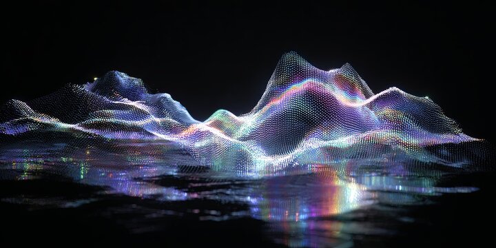 Data visualization with layered transparency effects, holographic lighting, modern art design.