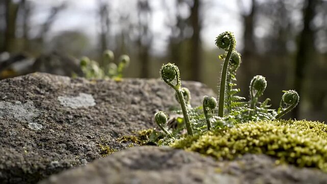 Spring Awakening on Dry Stone Wall with Glistening Moss and Unfurling Fern Fiddleheads
