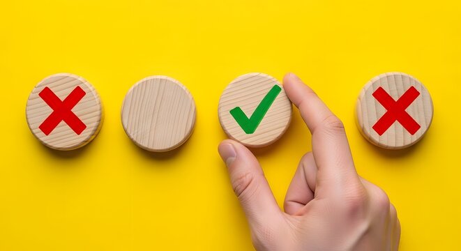 Choosing the Right Option: Hand Selecting a Check Mark on a Yellow Background