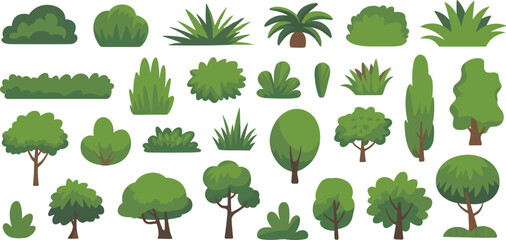Cartoon forest plants and trees collection in flat vector style featuring bushes, shrubs and tropical foliage elements for nature design, landscaping graphics and eco illustration © MstRolafa