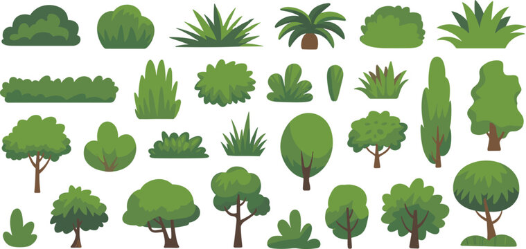 Cartoon forest plants and trees collection in flat vector style featuring bushes, shrubs and tropical foliage elements for nature design, landscaping graphics and eco illustration