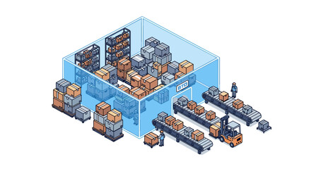 Obraz premium An isometric view of a warehouse shows numerous stacked cardboard boxes, two workers, a forklift, and multiple conveyor belts within a blue-tinted structure.