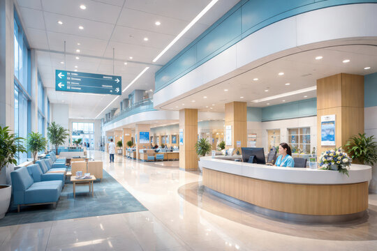 Modern hospital reception area with seating and plants.
