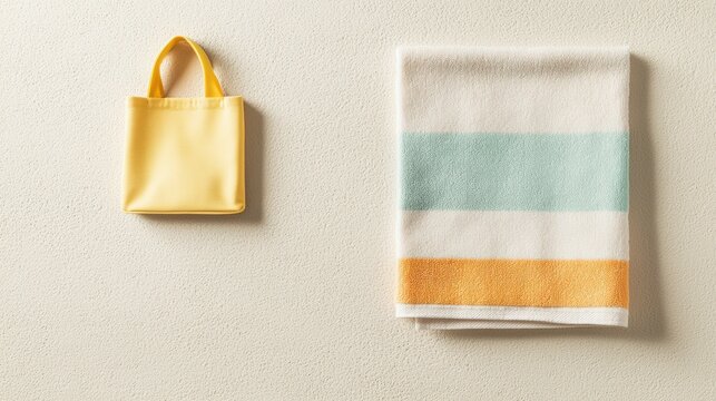 A sandy texture with a beach towel and a faint shadow of a bag,