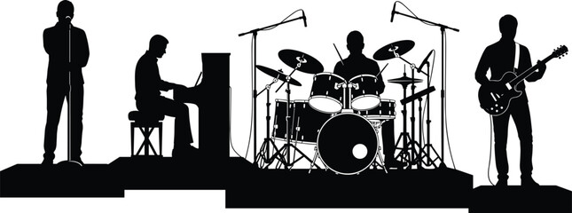 Black silhouette illustration of four-member band performing live on stage with vocalist, pianist, drummer, and guitarist, artwork concept for music, concert, entertainment, and design projects © Ziyarul